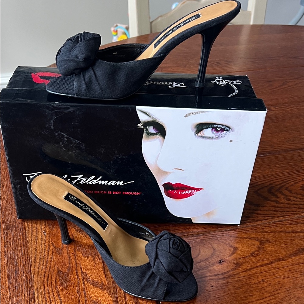 Beverly Feldman Black Heels with Floral Accent